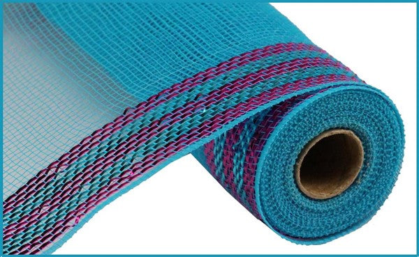 Border Stripe Metallic Deco Mesh Ribbon : Turquoise Blue Hot Pink - 10.5 Inches x 10 Yards (30 Feet)