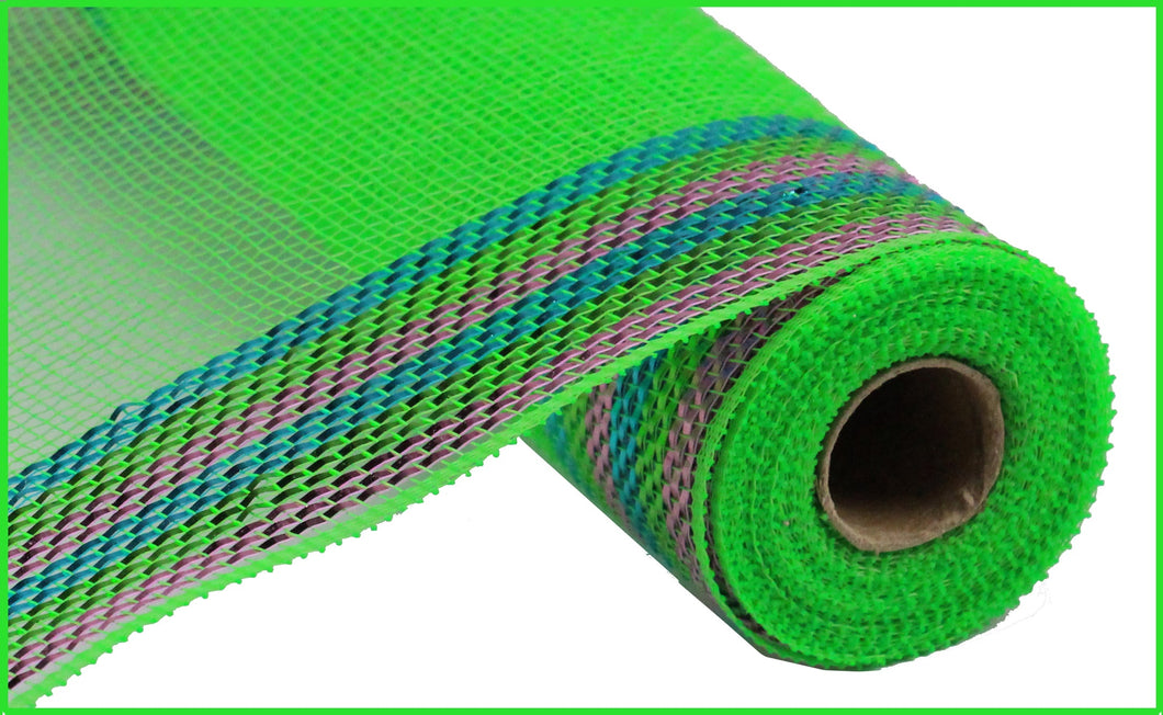 Deco Poly Metallic Border Stripe Mesh Ribbon : Lime Green, Turquoise Blue, Pink - 10.5 Inches x 10 Yards (30 Feet)