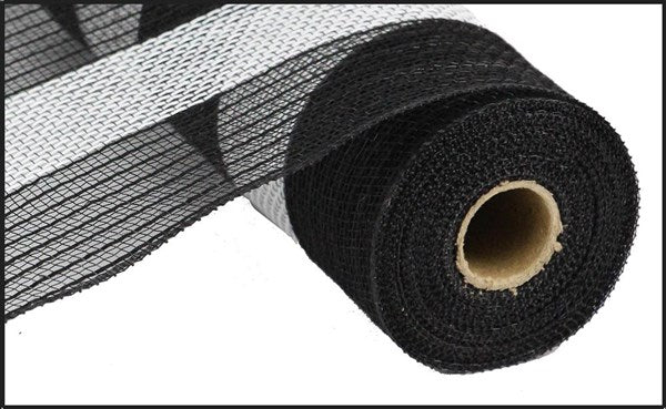 Poly Faux Jute Fiber Stripe Mesh Ribbon: Black White - 21 Inches x 10 Yards (30 Feet)