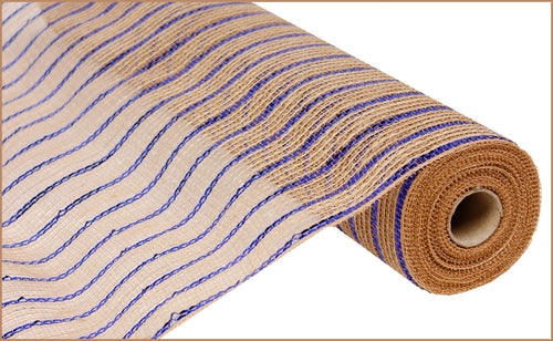 Poly Jute Metallic Stripe Mesh Ribbon: Natural Royal Blue - 21 inches x 10 yards (30 feet)