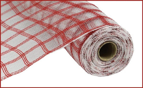 Faux Jute Check Mesh Ribbon : Burgundy White - 21 Inches x 10 Yards (30 Feet)