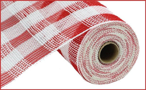 Fiber Faux Jute Check Mesh Ribbon : Red White - 21 Inches x 10 Yards (30 Feet)