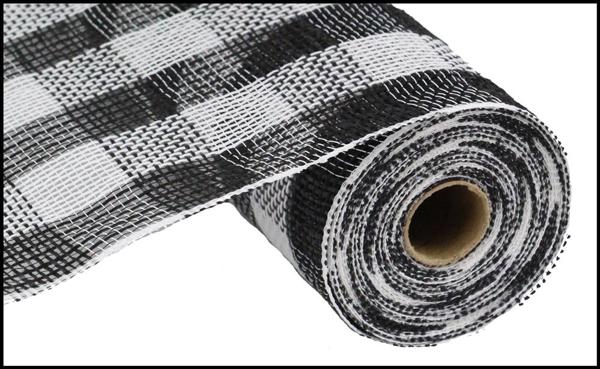 Fiber Faux Jute Check Mesh Ribbon : Black White - 21 Inches x 10 Yards (30 Feet)