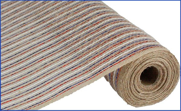 Jute Laser Foil Deco Mesh Ribbon : Red White Blue - 21 Inches x 10 Yards (30 Feet)