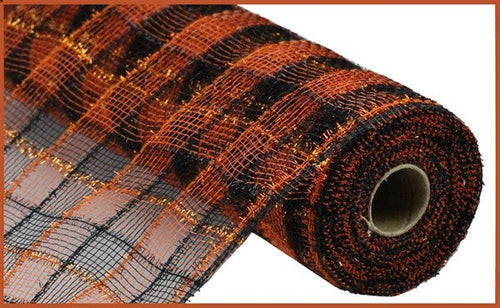 Tinsel Faux Jute Check Deco Mesh Ribbon : Black Orange - 21 Inches x 10 Yards (30 Feet)