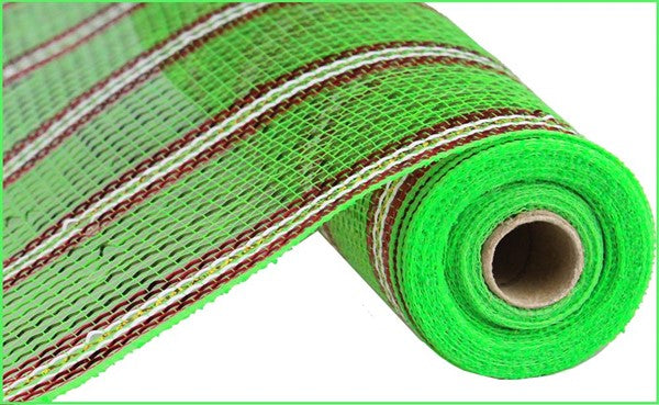 Laser Foil Stripe Mesh Ribbon : White Red Green - 21 Inches x 10 Yards (30 Feet)