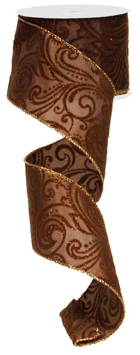 Felt Swirl Wired Ribbon : Brown Gold - 2.5 Inches x 10 Yards (30 Feet)