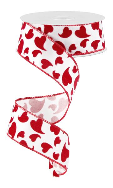 Valentine's Day Satin Hearts Wired Ribbon : White Red - 1.5 Inches X 10 Yards