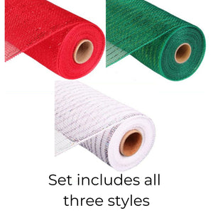 Christmas Deco Poly Mesh, set of 3 Brand New Starter Set Non-Metallic Craft Supply Handmade Wreath 10 In x 10 Yd (30 F')