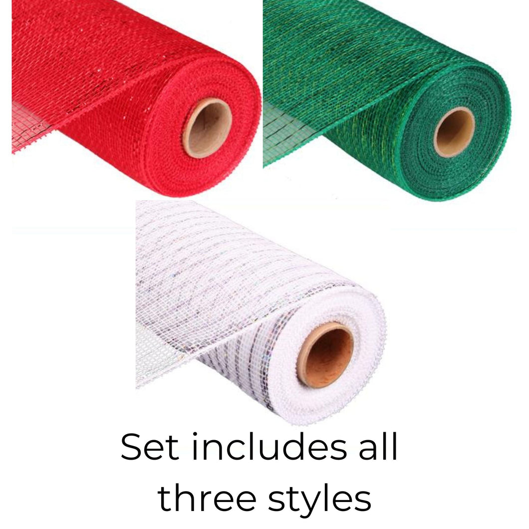 Christmas Deco Poly Mesh, set of 3 Brand New Starter Set Non-Metallic Craft Supply Handmade Wreath 10 In x 10 Yd (30 F')