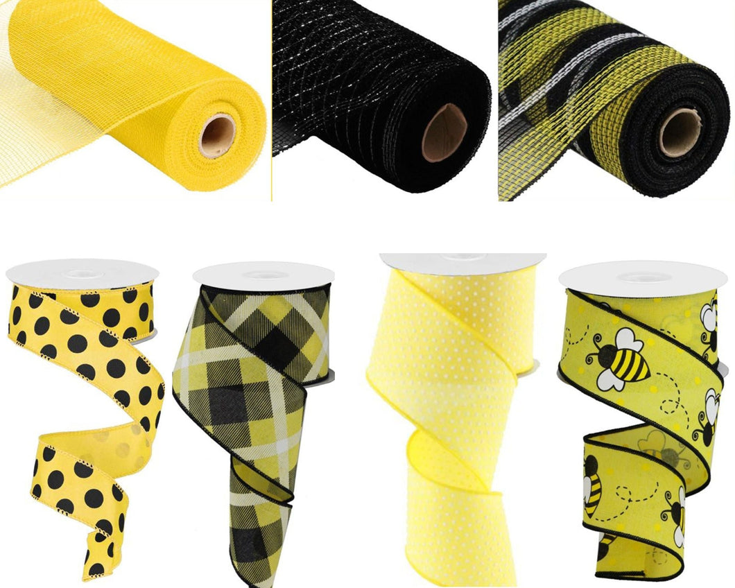 BumbleBee Supplies For Making Handmade DIY Wreath, includes 3 Mesh and 4 Ribbons, Yellow and Black Wreath Supply Set