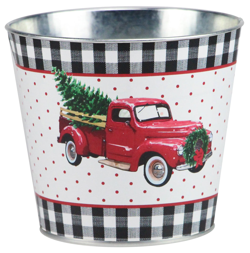 red white and black tin truck with tree pot cover 5 Inches x 4.5 height 