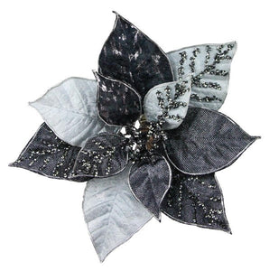 Black Silver Metallic Velvet Christmas Floral Pick with Clip (9" Diameter)