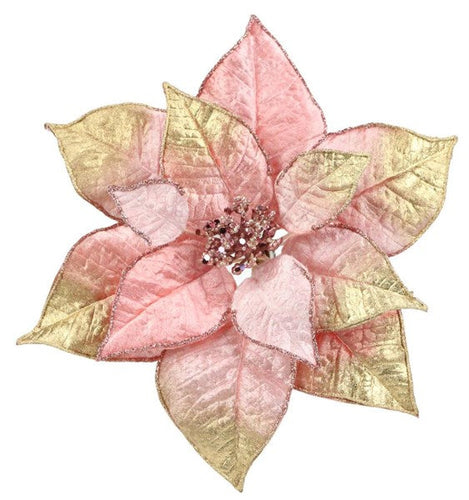 Pink Gold Metallic Velvet Christmas Floral Pick with Clip (9