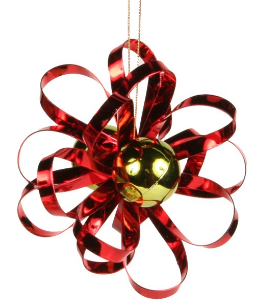 Metal Bow Shiny Ornament: Red Lime Green - Pack 6 - Gold Loop Hanger Attached - 4 Inches Diameter