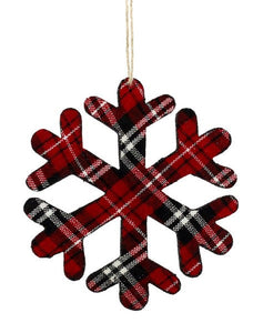 8" Diameter Snowflake Fabric Glitter Ornament: Tartan Plaid Red Black White - Dozen Pack 12 - White Loop Hanger Attached