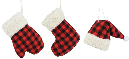 Buffalo Plaid Ornament - Assorted Pack of 12 - Red Black Hat Stocking Mitten 3.75