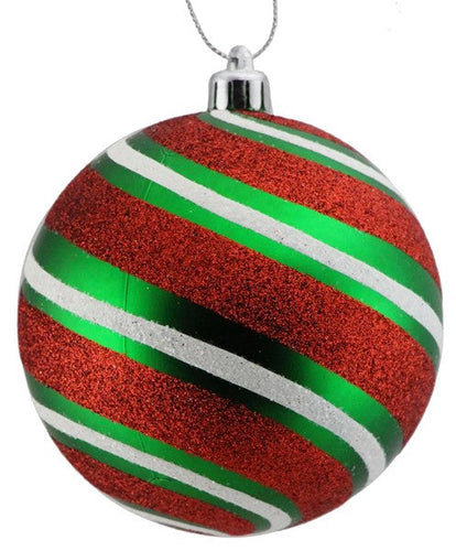 Round Ball Glitter Ornament: Diagonal Stripe Red Emerald Green White 4 Inches (100 mm) Wide - Dozen Pack 12 - Silver Loop Hanger Attached