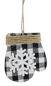 Set of 6 Mitten Buffalo Plaid Snowflake Ornaments (Black, White)