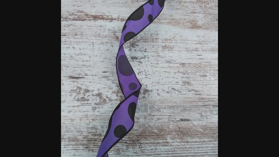 Polka Dot Wired Ribbon : Purple Black 1.5 inches x 10 yards (30 feet)