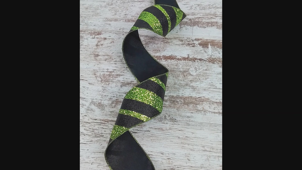 Glitter Diagonal Stripe Halloween Wired Ribbon : Black, Lime Green - 2.5 inches x 10 Yards (30 Feet)