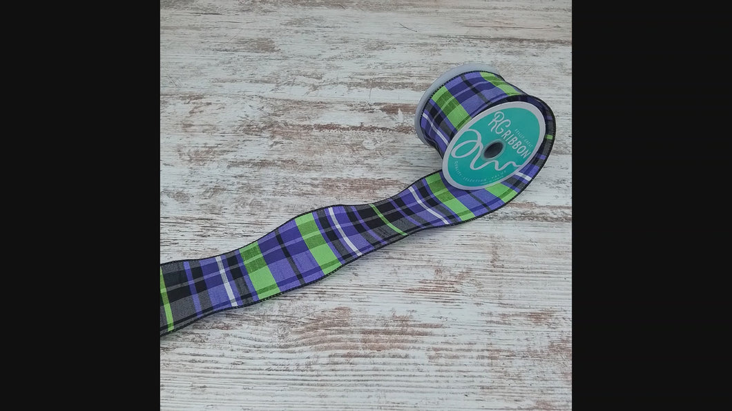 Plaid Halloween Faux Dupioni Wired Edge Ribbon : Black, Purple, Lime Green - 2.5 Inches x 10 Yards (30 Feet)