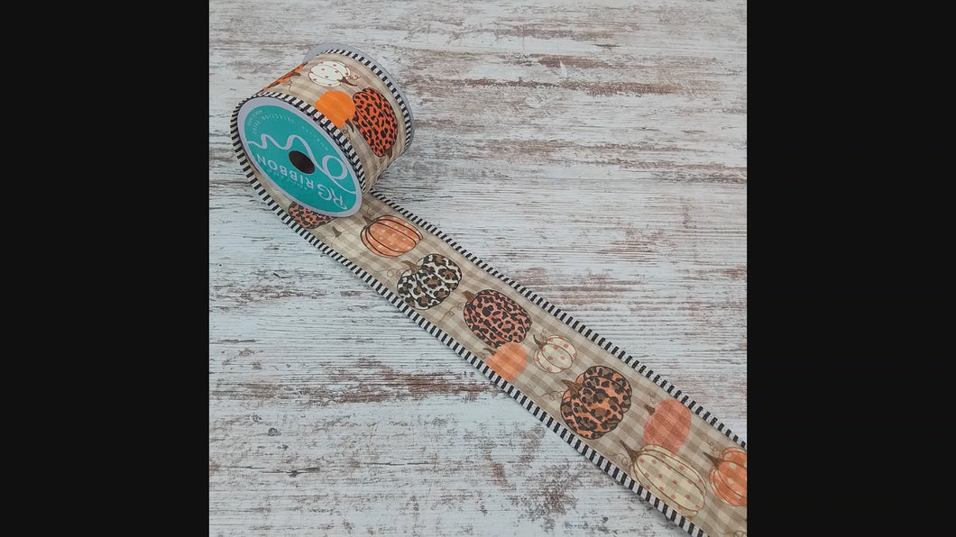 Fall Leopard Pumpkins Thin Stripe Border Wired Edge Ribbon : Beige, Brown, Orange, Cream - 2.5