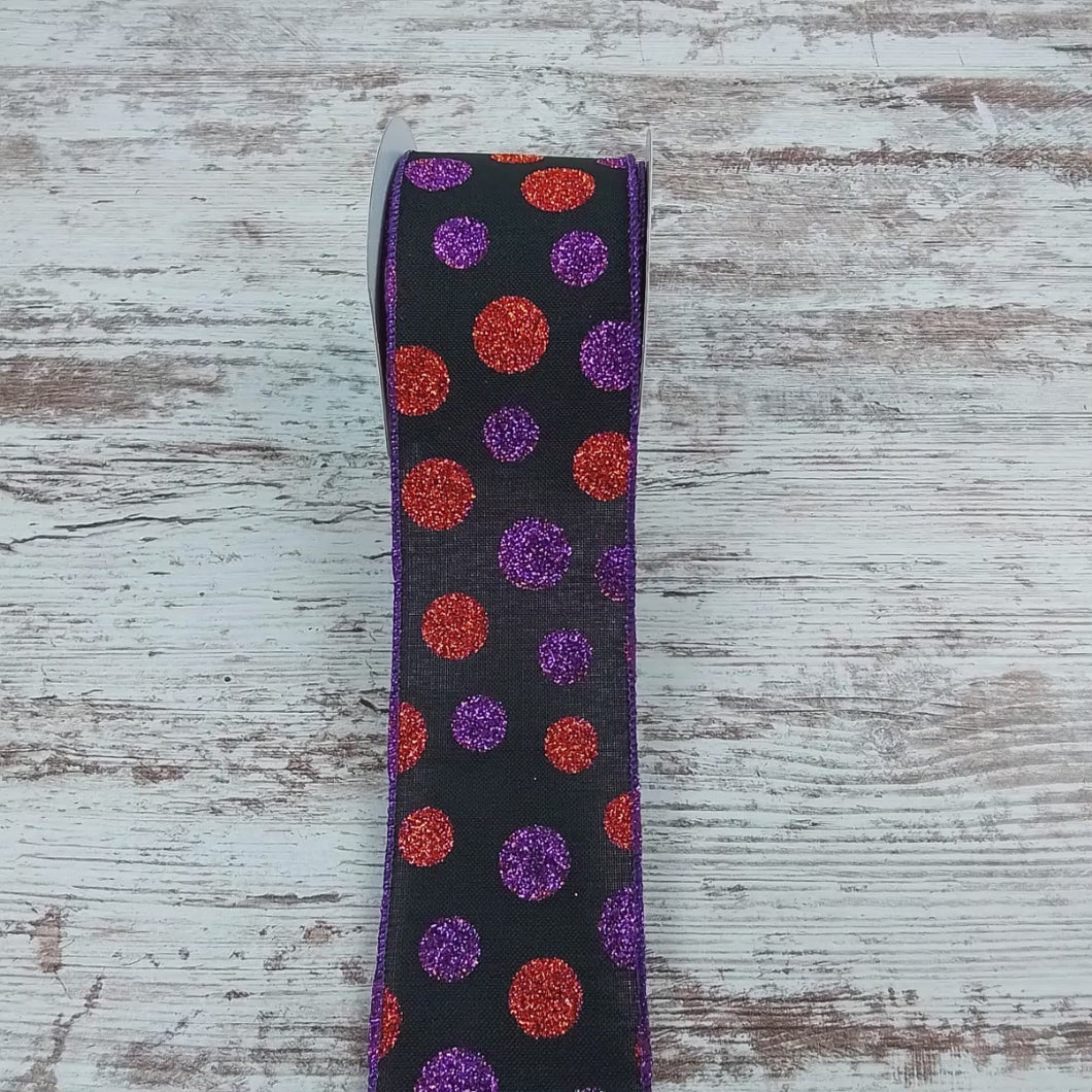 Glitter Multi Dots Wired Ribbon : Black Purple Orange - 2.5 Inches x 10 Yards (30 Feet)