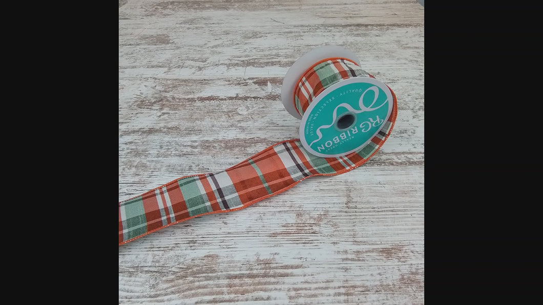 Plaid Faux Dupioni Wired Ribbon : Orange, Rust, Sage, Cream, Brown - 2.5 Inches x 10 Yards (30 Feet)