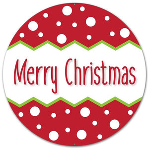 Merry Christmas Polka Dot Metal Sign : Red White Lime Green - 12" Round
