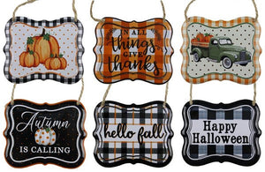 Assorted Fall Tin Ornament : 6 Pack Asst. - Burlap String Hanger Attached - 4 Inches x 3.5 Inches