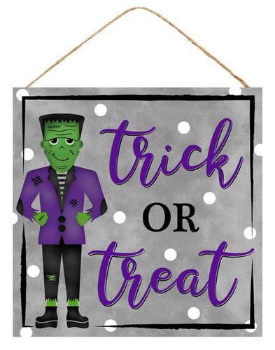 Trick or Treat Frankenstein Wooden Sign : Purple Gray Grey Black Green -  10 Inches x 10 Inches