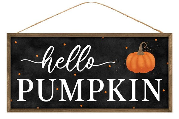Hello Pumpkin Wooden Sign : Black Orange - 12.5 Inches x 6 Inches