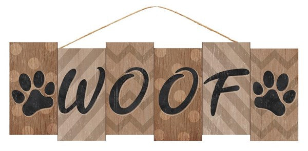 Dog Woof Paw Print Wooden Sign : Brown Black Gray Grey - 14 Inches x 4.75 Inches