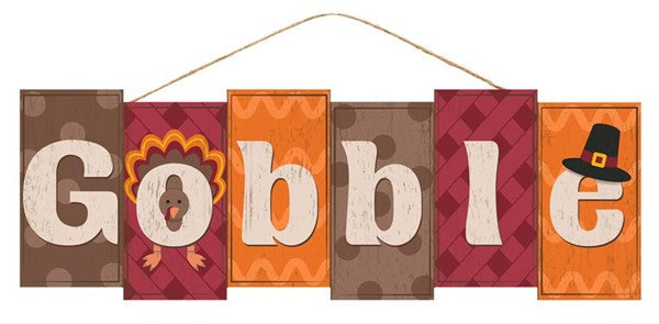Gobble Block Letter Wooden Sign : Orange Brown Burgundy Cream - 14 Inches x 4.75 Inches