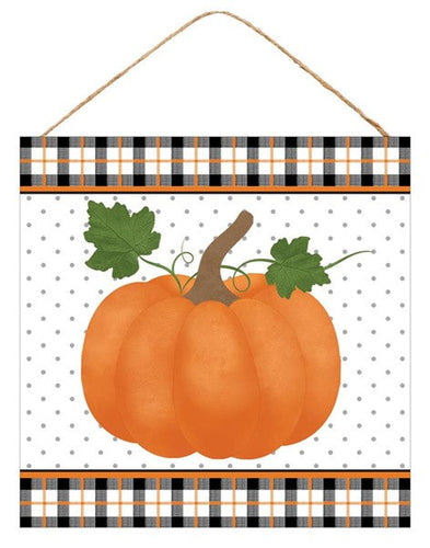 Pumpkin Plaid Border Wooden Sign : Black Orange Green White - 10 Inches x 10 Inches