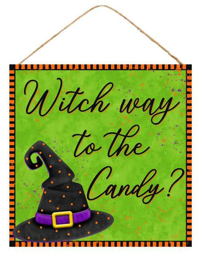 Witch Way to Candy Wooden Sign : Green Black Orange Purple - 10 Inches x 10 Inches