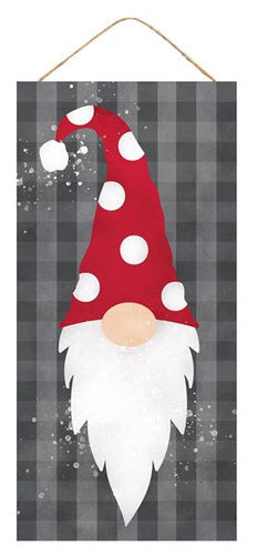 Christmas Gnome Large Dots Hat Wooden Sign : Grey Gray Red White - 12.5 Inches x 6 Inches