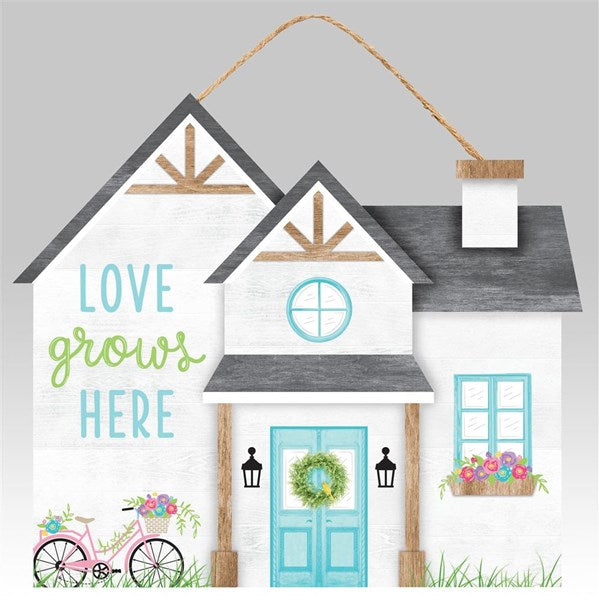 Love Grows Here House Wooden Sign : Grey Gray Blue Black White - 11.25 Inches x 9.75 Inches