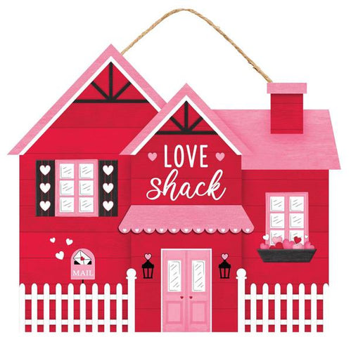 Love Shack House Valentine Wood Wall Door Hanger Sign : Red Pink - 11 Inches x 11 Inches