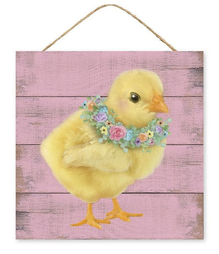 Chick with Floral Wreath Necklace Easter Wooden Sign : Pink Yellow Orange - 10 Inches x 10 Inches
