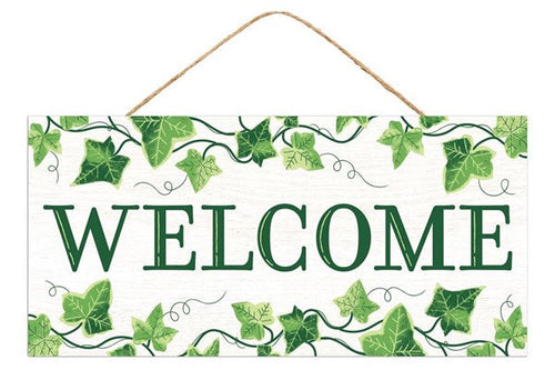 Welcome Ivy Wooden Sign : Light Green Ivory Dark Green - 12.5 inches x 6 inches 