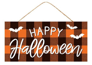 Happy Halloween Check Wooden Wreath Sign : Orange Black - 12.5 Inches x 6 Inches