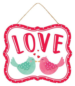 Love Birds Fancy Frame Wooden Sign : White Pink Red Mint Green - 10.5 Inches x 9 Inches