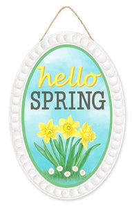 Hello Spring Daffodil Oval Wooden Sign : White Ice Blue Yellow Green Grey White - 13 Inches x 9 Inches