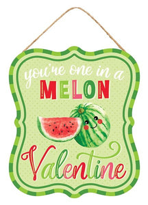 One in a Melon Valentines Wooden Sign : Lime Green Pink Red - 10.5 Inches x 9 Inches