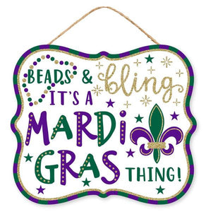Beads Bling Mardi Gras Wooden Sign : Purple Gold Green White - 10.5 Inches x 9 Inches