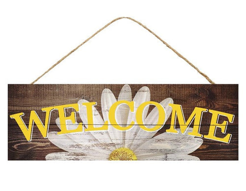 Welcome Daisy Spring Summer Wooden Sign : Yellow, Turquoise Blue, Hot Pink - 15 Inches x 5 Inches
