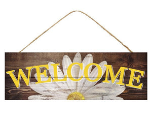 Welcome Daisy Spring Summer Wooden Sign : Yellow, Turquoise Blue, Hot Pink - 15 Inches x 5 Inches