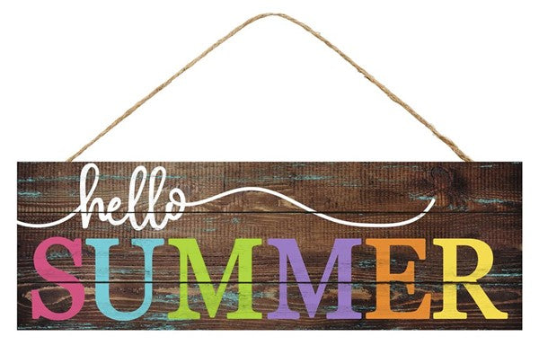 Hello Summer Wooden Sign : Brown Pink Yellow White - 15 Inches x 5 Inches